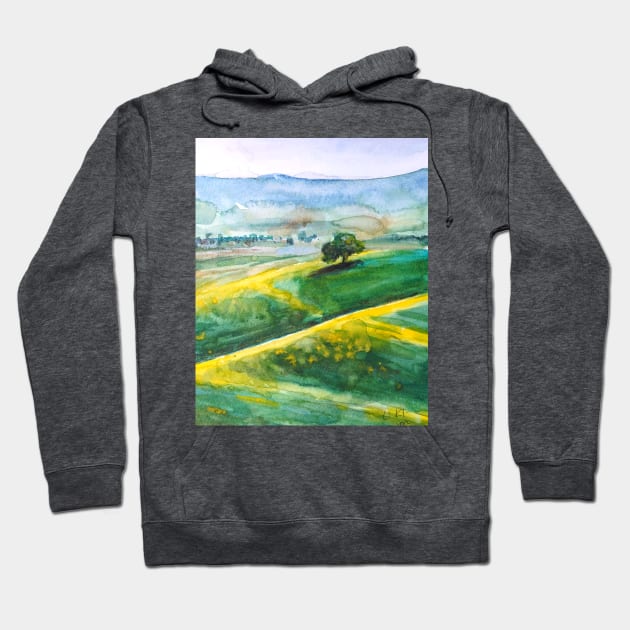 green and yellow landscape watercolor painting Hoodie by colorandcolor